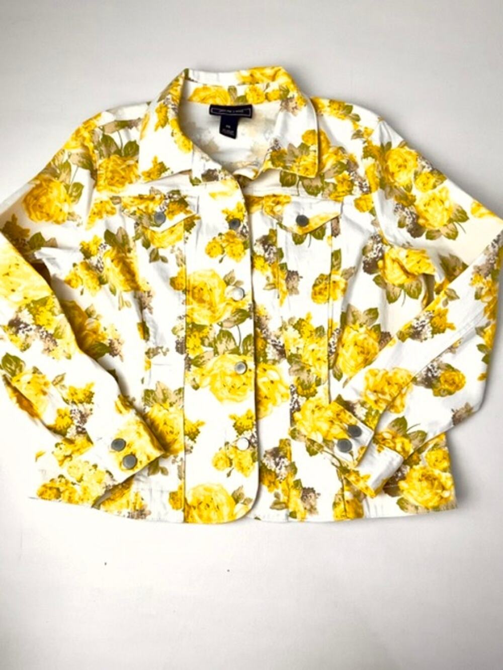 Charter Club Jean Shop Petite PXL Floral Denim Jacket Yellow Rose Stretch